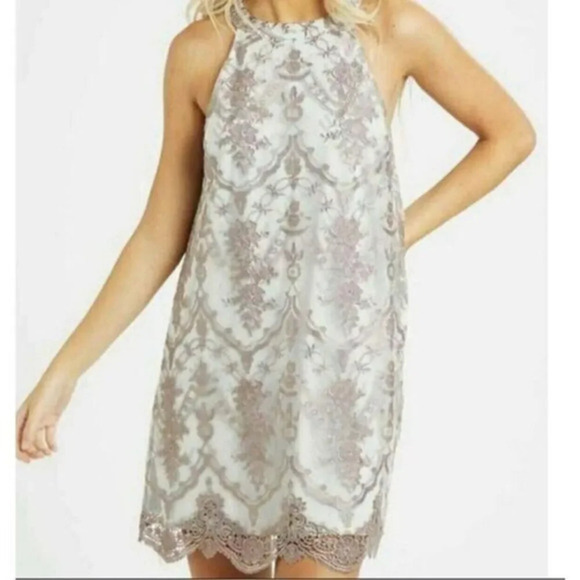 Altar'd State Mila Dress Women Medium Ice Blue Taupe Lace - Picture 1 of 5